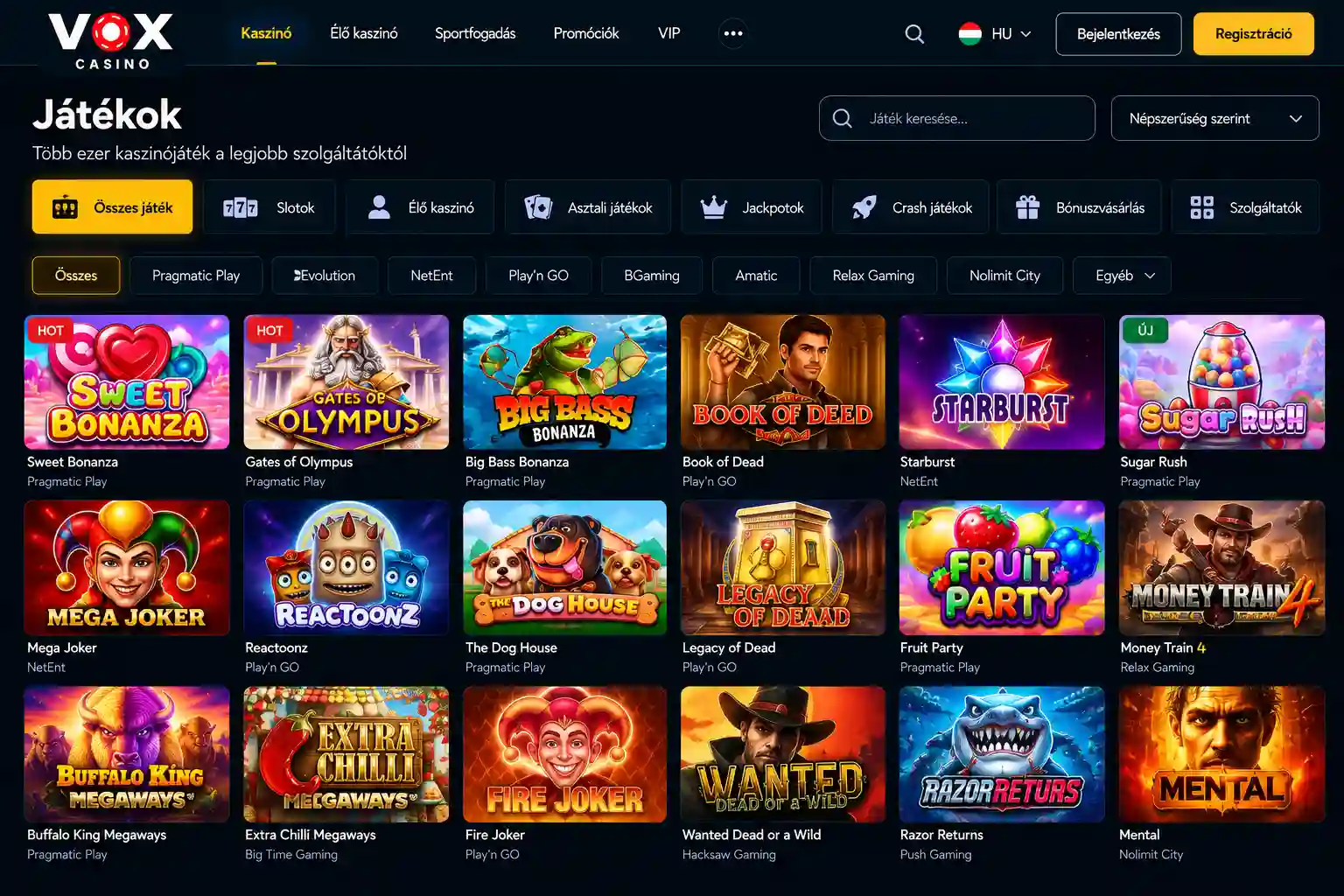 Vox Casino játékok lobbija